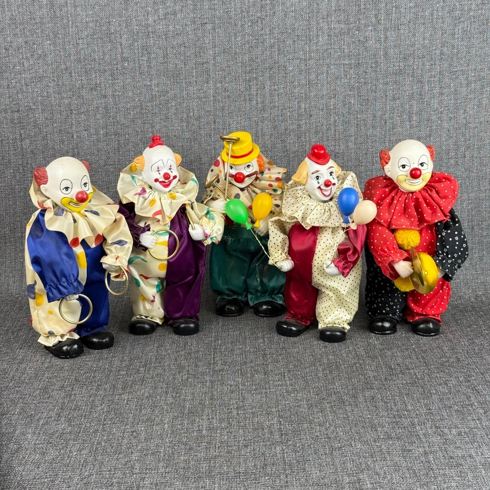 Vintage Wind Up Musical Clown Figurine Set Porcelain Faces 10" tall - Playing